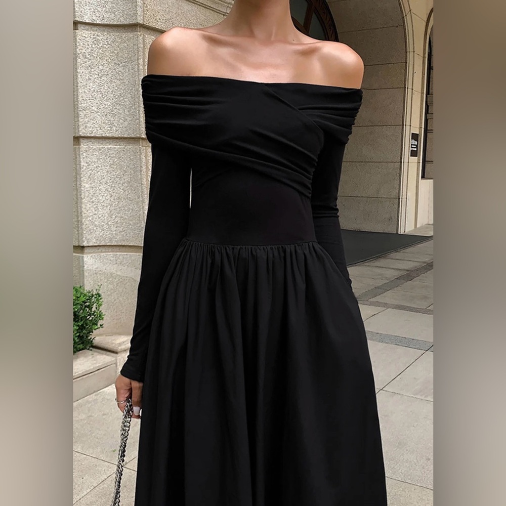 Commense Off Shoulder Criss Cross Long Elegant Black Off-Shoulder Dress